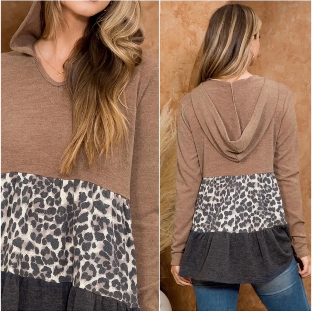 1 LEFT! Women's Babydoll Color Blocked Vneckline Leopard Fall Hoodie Top - Picture 3 of 3